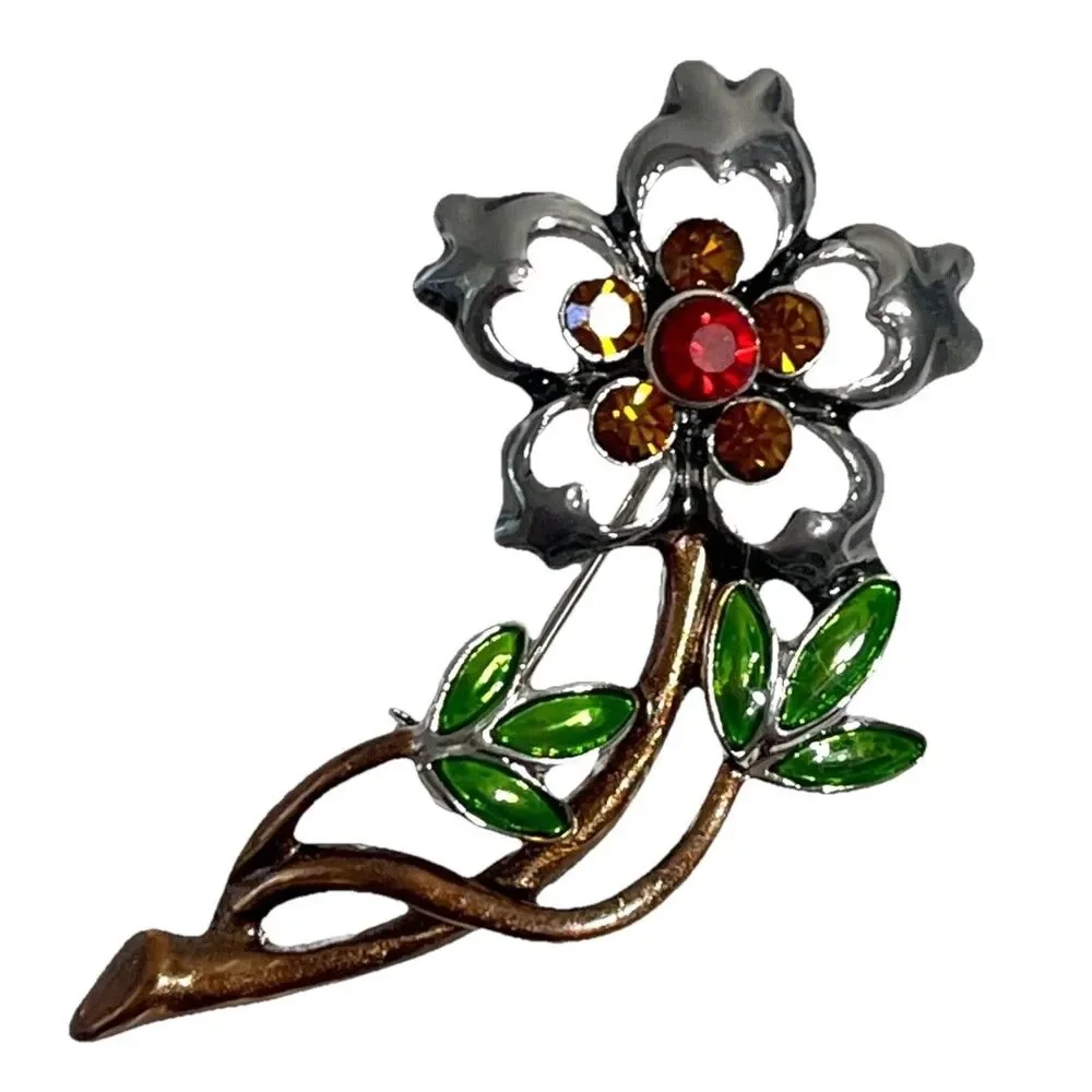 Enamel Rhinestone Flower Stem Pin Brooch Retro Floral Botanical Nature Jewelry
